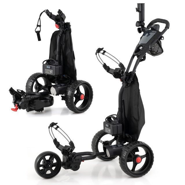 Gymax Chariot Poussé de Golf Électrique avec Poignée Réglable et 9 Réglages de Vitesse, Porte-Parapluie
