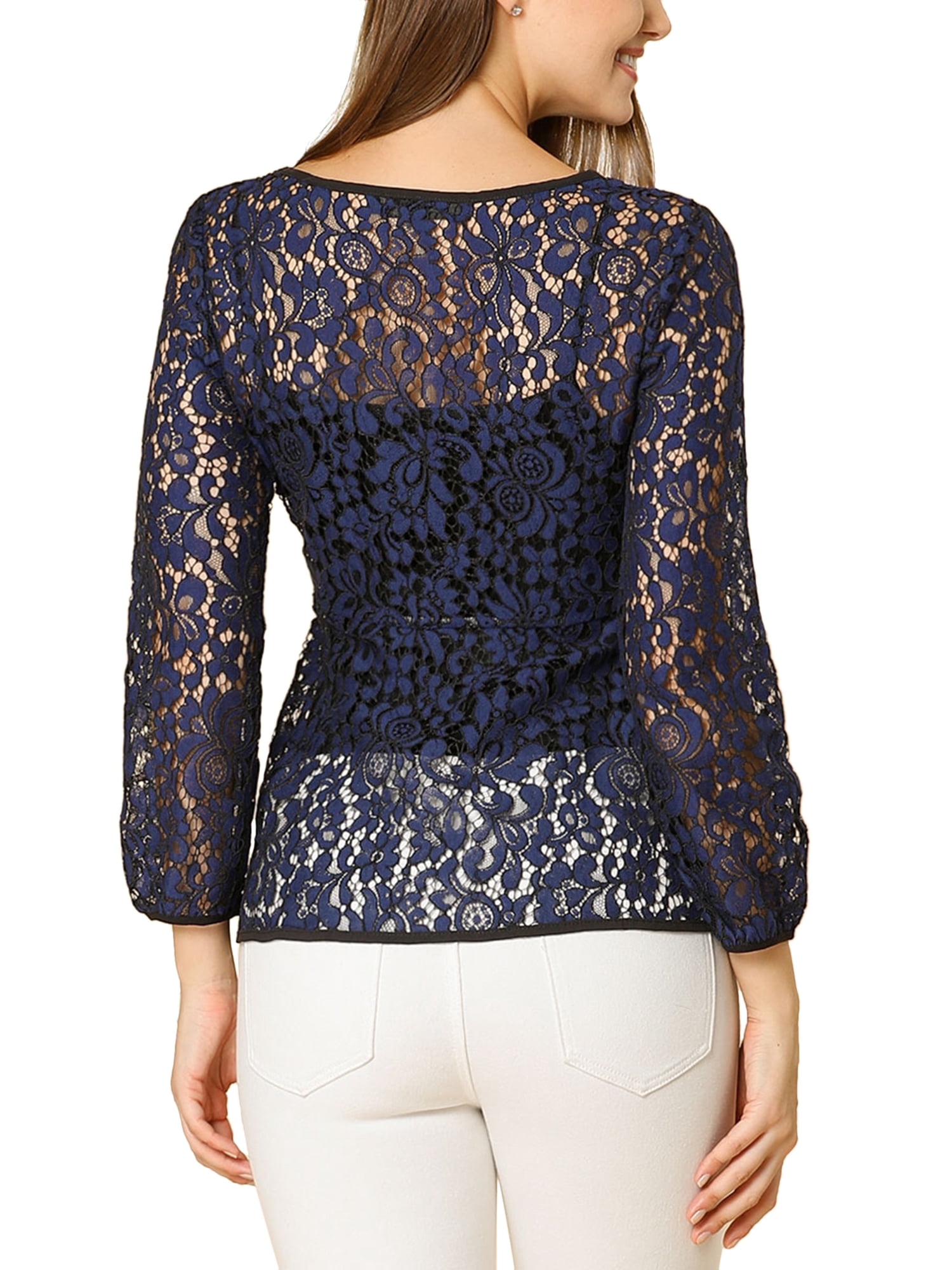 DARING DIVA Self-Tie Waist Semi Sheer Peplum Top L Dark Blue