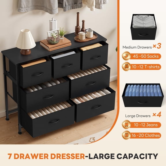Black 7‑Drawer Fabric Storage Dresser Cabinet with Removable Bins, Lightweight Freestanding Vertical Organizer for Clothing, Socks, Bedroom Closet and Small‑Space Home Organization