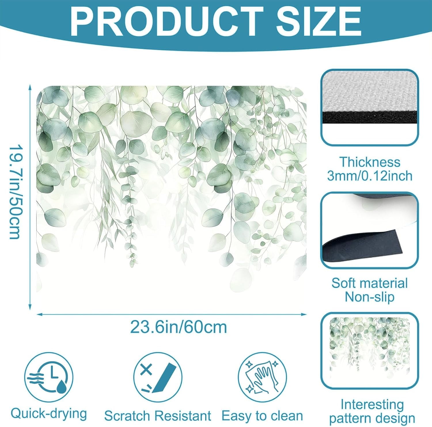 Non-Slip Washer & Dryer Top Cover Protector Mat Dust-Proof Washing Machine Cover Pad With Green Leaf Design Universal 23.6"x19.7" for Laundry Room & Kitchen Decor