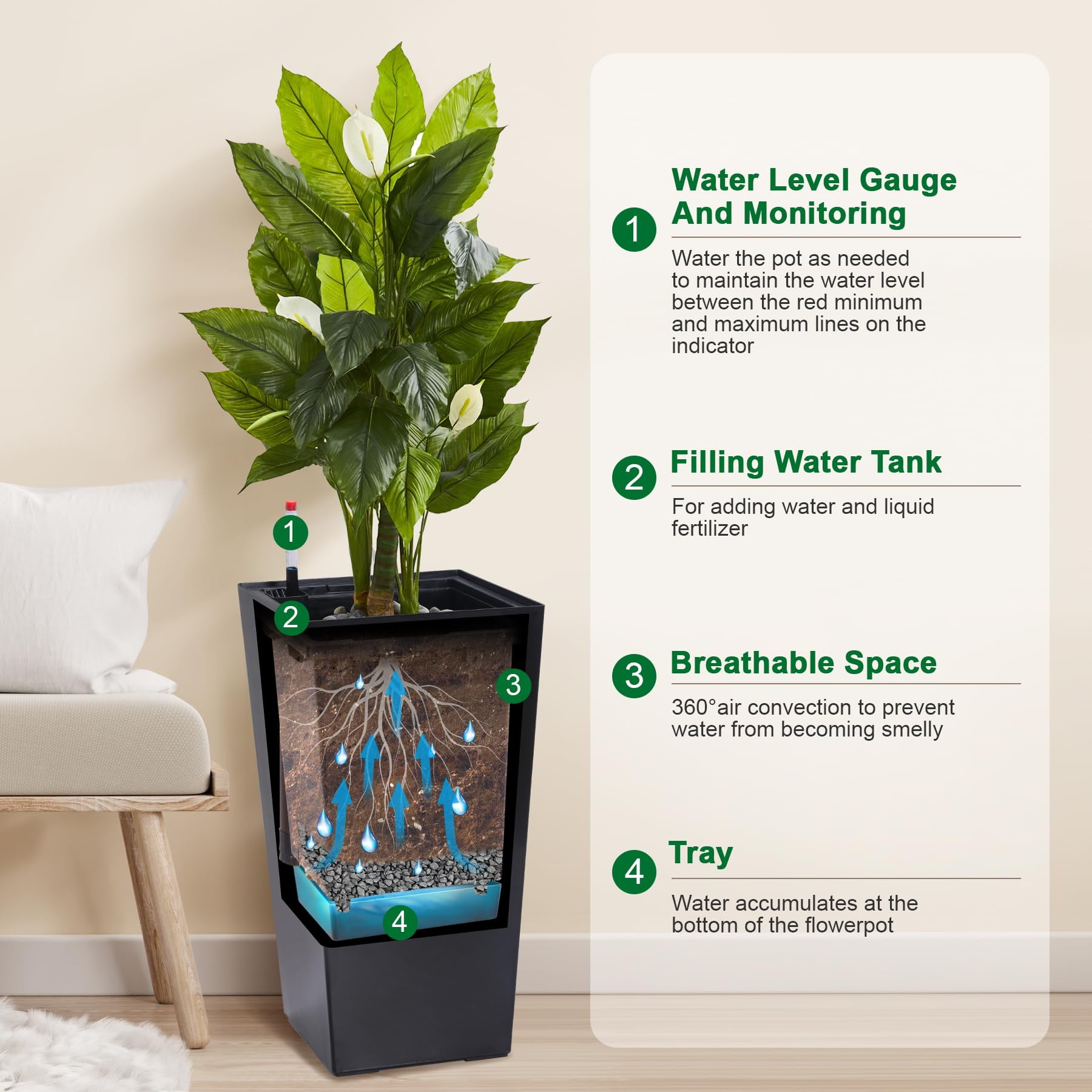 TROPOW Flower Pots,Set of 2,21.7-Inch Tall Rectangular Planters,Flower Pots for Indoor Plants,Modern Indoor/Outdoor Plant Pots,Black