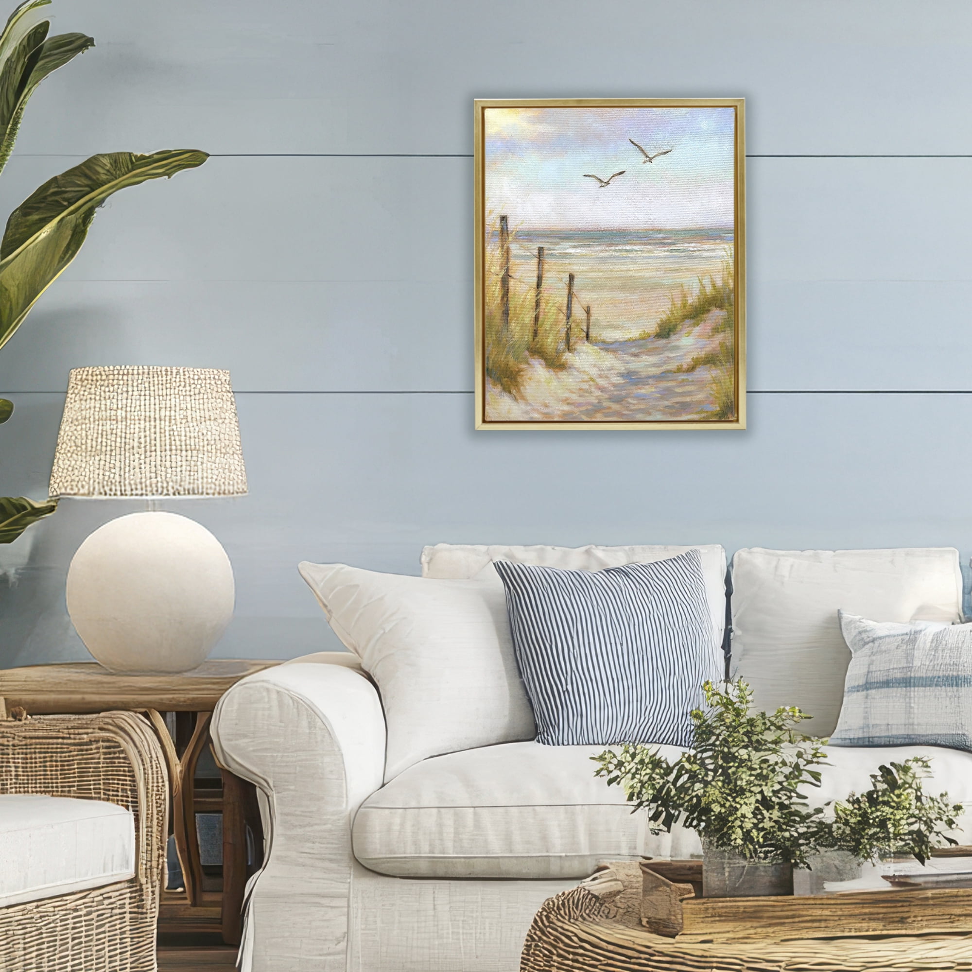 Stupell Industries Tranquility Beach Coastal Path Gold Framed Floater Canvas Wall Art, design by Linda Sperruzzi