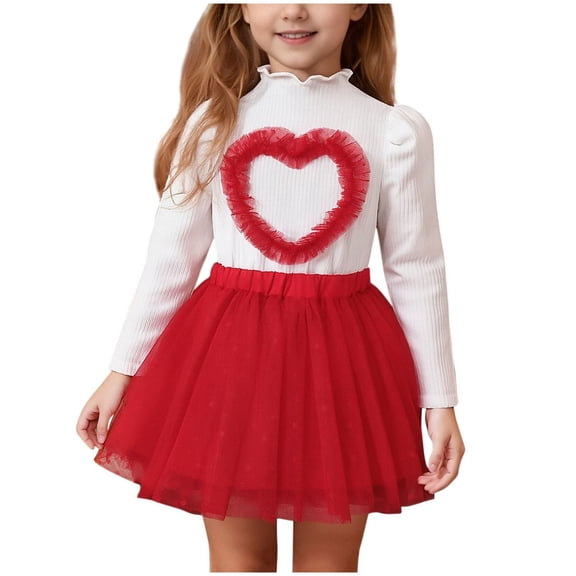 Kids Girl Outfit Set: Red 2 Piece Heart Top & Tutu Skirt for Kids Girls, Valentine's Day Party Dress & Play Clothes 9M-5T,Size 18-24 M