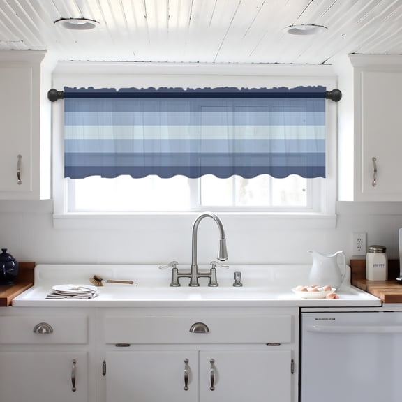 Navy Blue Ombre Valance Curtains for Kitchen/Living Room/Bathroom/Bedroom Window, Gradient Navy Blue Woods Farmhouse Rod Pocket Small Topper Half Short Window Curtains Voile Sheer Scarf 42"x12"