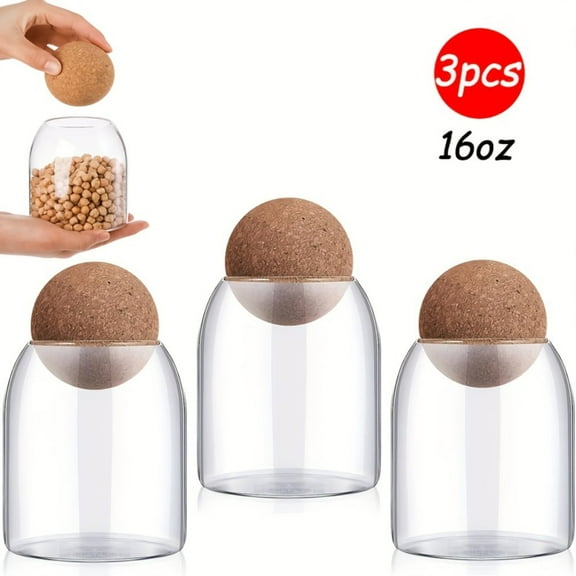 Glass Storage Jars with Cork Lids, 3-Pack 16 oz Small Glass Containers for Candy, Coffee, Sugar, Salt, Cotton Swabs and Kitchen Organization