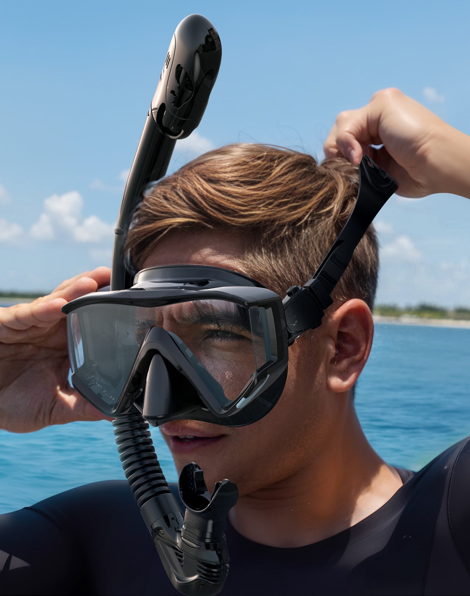 Greatever Snorkel Set Adults, 3 Window Panoramic View Snorkel Mask Anti-Fog, Leak-Proof Scuba Diving Mask with Mesh Bag, Dry Top Mask and Snorkel Set for Adult BLACK