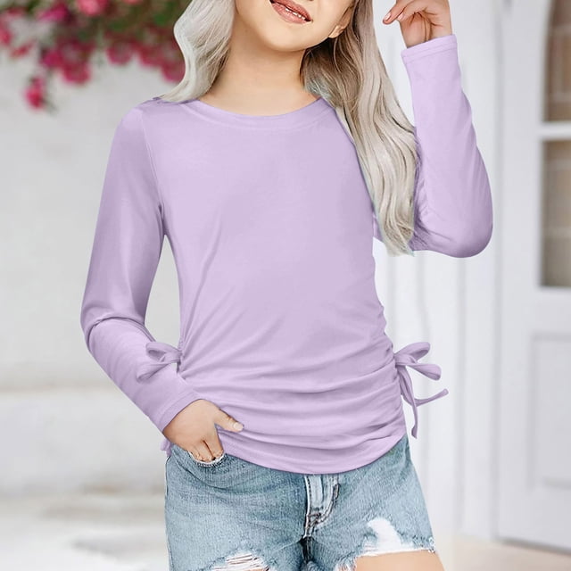 MKOSPLRT Girls Long Sleeve Shirts Round Neck Ruched Knot Tops Casual Pleated T Shirts Basic Solid Color Blouses Fashion Y2K Tunic Shirts