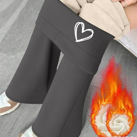 Voncos Women’s Dark Gray High Waisted Flared Pants - Fleece Lined Warm Stretchy with Heart Detail, Casual Loungewear for Fall/Winter XL,Size XL