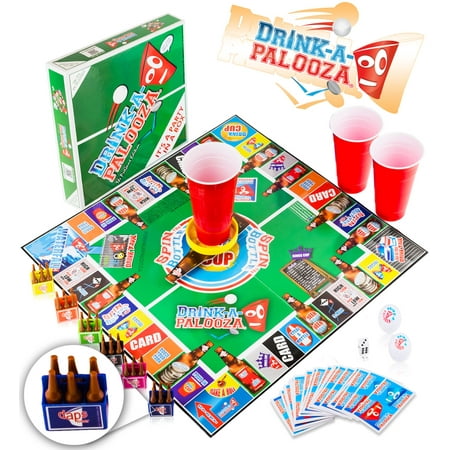 DRINK-A-PALOOZA Board Game: Fun Drinking Games for Adults & Game Night Party Games | Adult Games Combo of Beer Pong + Flip Cup + Kings Cup Card Games + More!