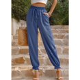 thumbnail image 2 of Pantalones largos de cintura alta para mujer, color puro, elásticos, 2 bolsillos, sencillos, cómodos, de color liso, con lazo en el tobillo, color azul L, 2 of 8