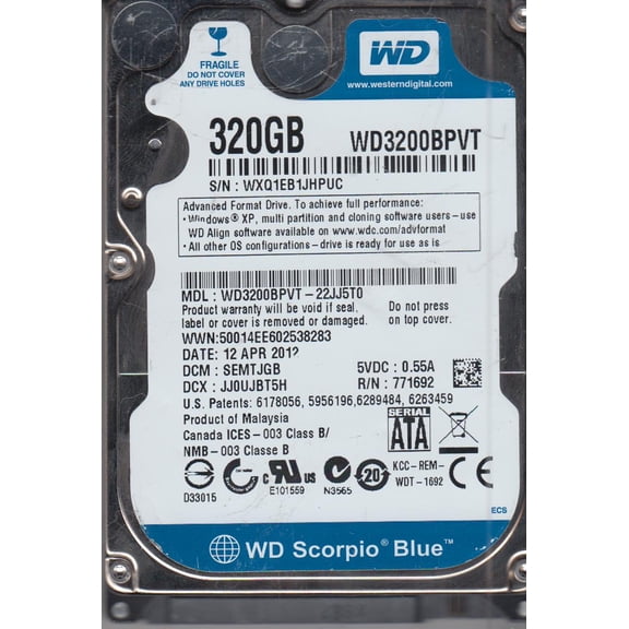 WD3200BPVT-22JJ5T0, DCM SEMTJGB, Western Digital 320GB SATA 2.5 Hard Drive