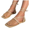 thumbnail image 5 of Women's Mesh Wrap-Up Heels Square Toe Fishnet Sandals Strappy Flat Slides Summer Closed Toe Beach Party Shoes（Gold，Size 9.5), 5 of 7