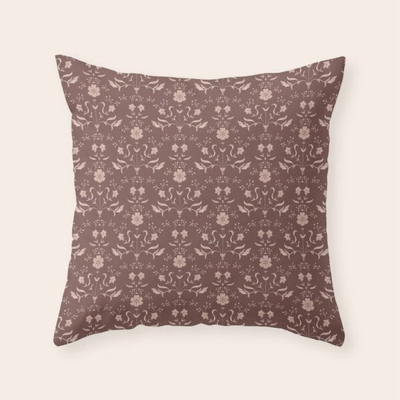 Dusty Mauve Folk Floral Vine and Bird Polyester Velvet Throw Pillow Cover Only, No Insert