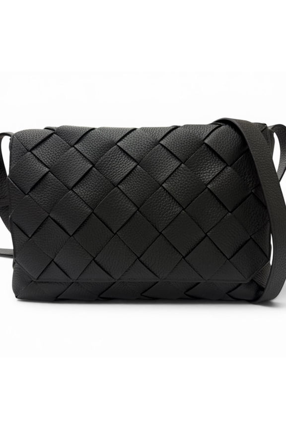 Pre-Owned BOTTEGA VENETA 815796 Large Diago Grain Leather Intrecciato Shoulder Bag, Black, Made...
