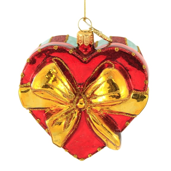 Huras Red & Gold Heart Shaped Box Glass Ornament Valentines Love S841