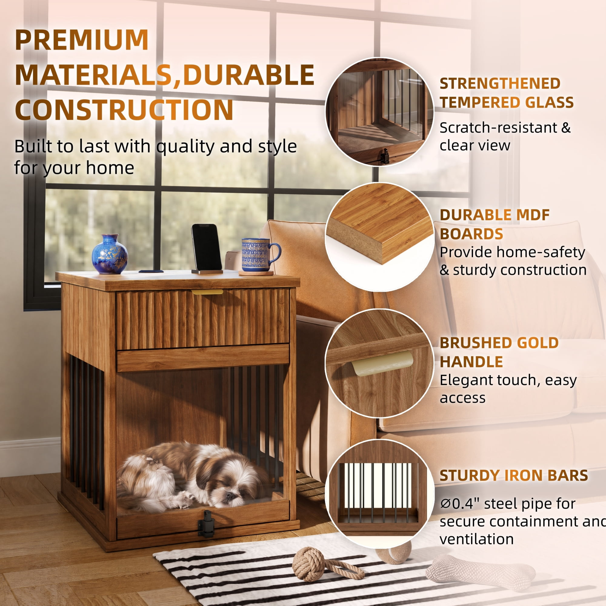 Leumius End Table with Charging Station, Dog Crate with Hideaway Tempered Glass Door, Multi-Functional Pet Station Side Table with Storage Drawer for Small Medium Dog Brown