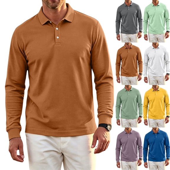 Hearthz Mens Polo Shirts Yellow Quick Dry Long Sleeve Cotton Shirts for Men Moisture Wicking Athletic Workout Golf Polos for Men