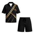 thumbnail image 4 of Men Striped Waffle Knit 2 Piece Outfit, Half Zip Short Sleeve Polo Shirt & Matching Drawstring Shorts Summer Casual Set Black XL, 4 of 4