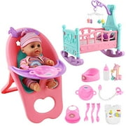 deAO 14” ‘My First Baby Doll’ 15 Pieces Play Set with Miniature Crib, Mobile, High Chair, Feeding Accessories and Baby Doll Included