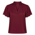 thumbnail image 6 of Womens Wine Red Blouse Ruffle Sleeve V-Neck Top Soft Stretch Casual Shirt Polyester Spandex Office Wear Plus Size,Size S, 6 of 7