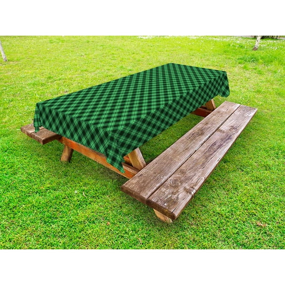 Plaid Outdoor Tablecloth, Diagonal Tartan Vibrant Green Color Geometrical Design with Stripes and Checks, Decorative Washable Fabric Picnic Table Cloth, 58 X 84 Inches,Green Black White, by Ambesonne