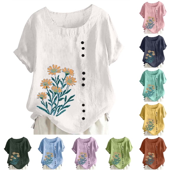 XUNKUSGA Womens Tops Oversized Crew Neck Short Sleeve Women's Blouses Soft Comfortable Cotton Linen Boho Tops for Women Fashion Printed Going Out Tops S-2XL Green