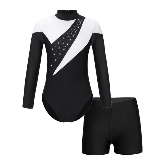 Yeahdor Girls Long Sleeve Dance Workout Outfit Shiny Faux Diamonds Leotard with Athletic Shorts