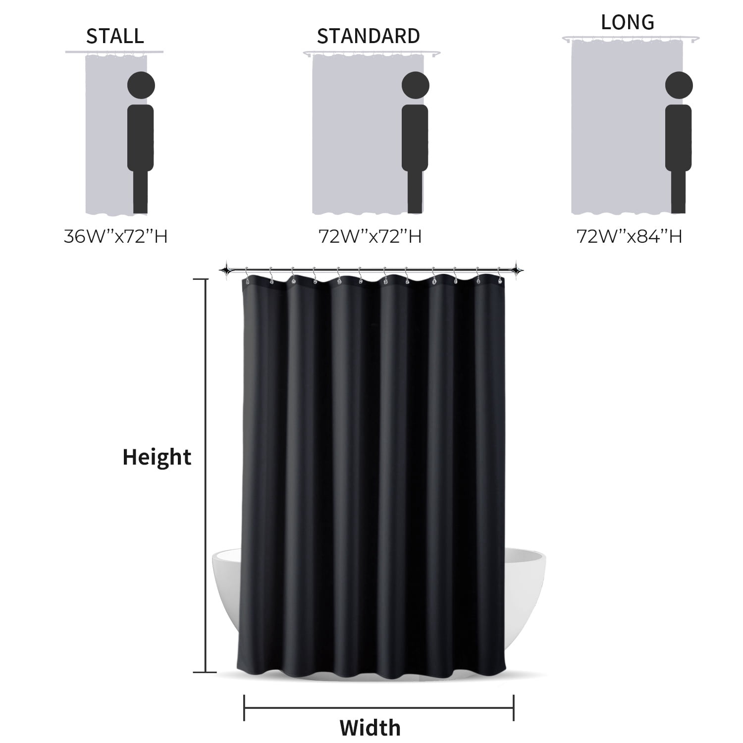 Yiannan Fabric Water-Repellent Stall Shower Curtain,Mold Resistant & Machine Washable Shower Curtain liner,36x72 Inches, Black
