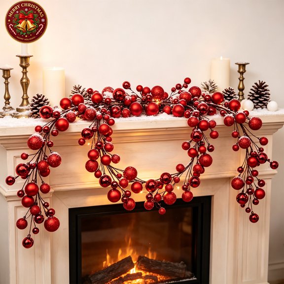 Christmas Ball Garland 71in Ball Ornaments Christmas Bulb Vine Xmas Tree Bauble Decorations for Party Supplies Indoor Outdoor Home Office Decoration Accessories(Red)