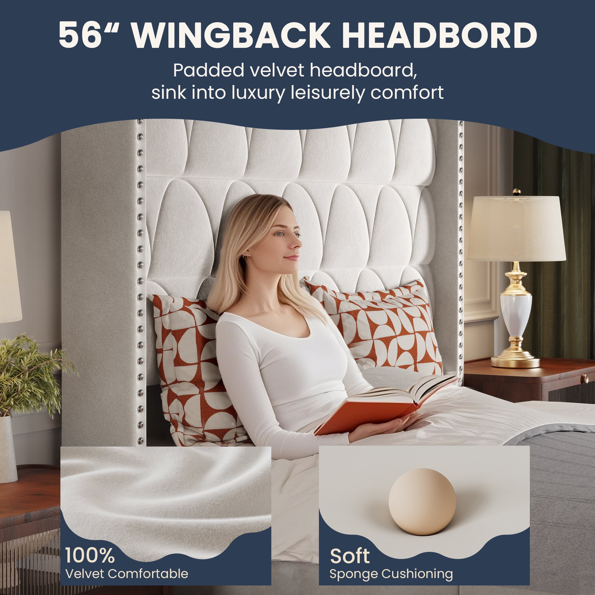 56" Velvet Upholstered Bed Frame with Wingback Headboard, Nailhead Trim, Wood Slat Support, No Box Spring Required