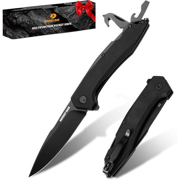Mossy Oak Folding Pocket Knife with Clip, 3.5" D2 Steel Blade G10 Handle, Small EDC Knife with Glass Breaker, Rope Cutter, Bottle Opener, Screwdrivers for Camping, Survival, Hiking, Outdoor Use