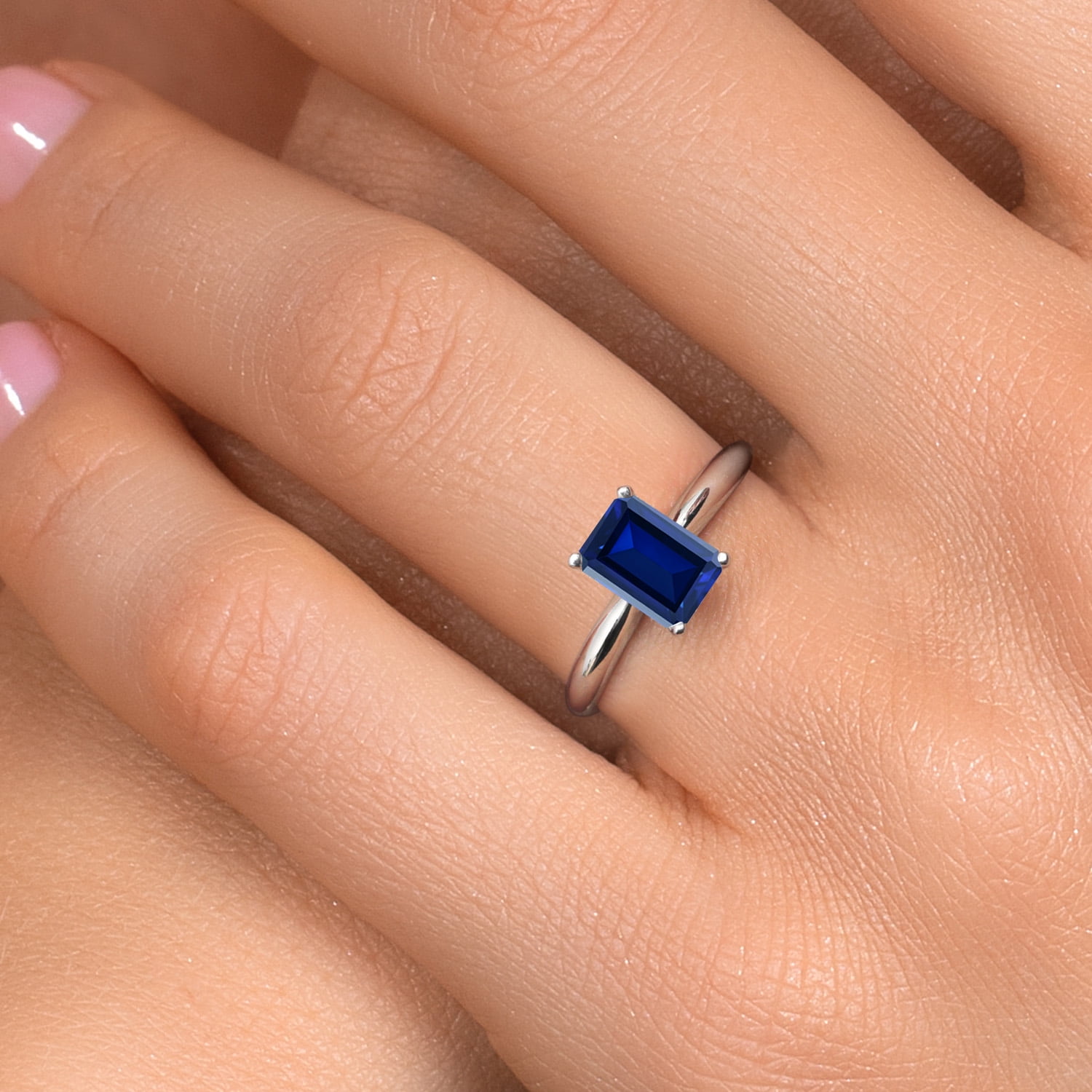 Gem Stone King 14K White Gold Blue Created Sapphire Solitaire Engagement Ring for Women | 1.50 Cttw | Octagon 8X6MM | Gemstone September Birthstone | Size 7