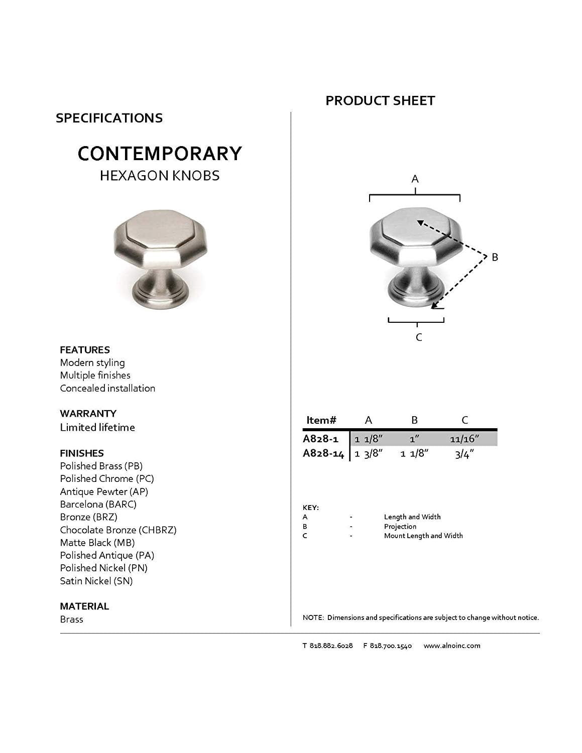 Alno A828-14-BARC Cabinet Hexagon Knob Barcelona