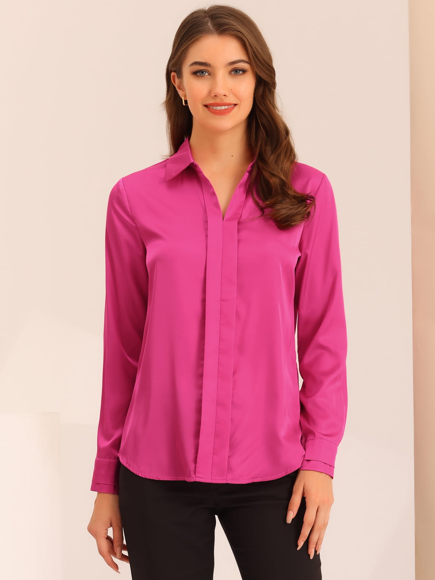 DARING DIVA Women's V Neck Classic Work Office Long Sleeve Shirt M Hot Pink