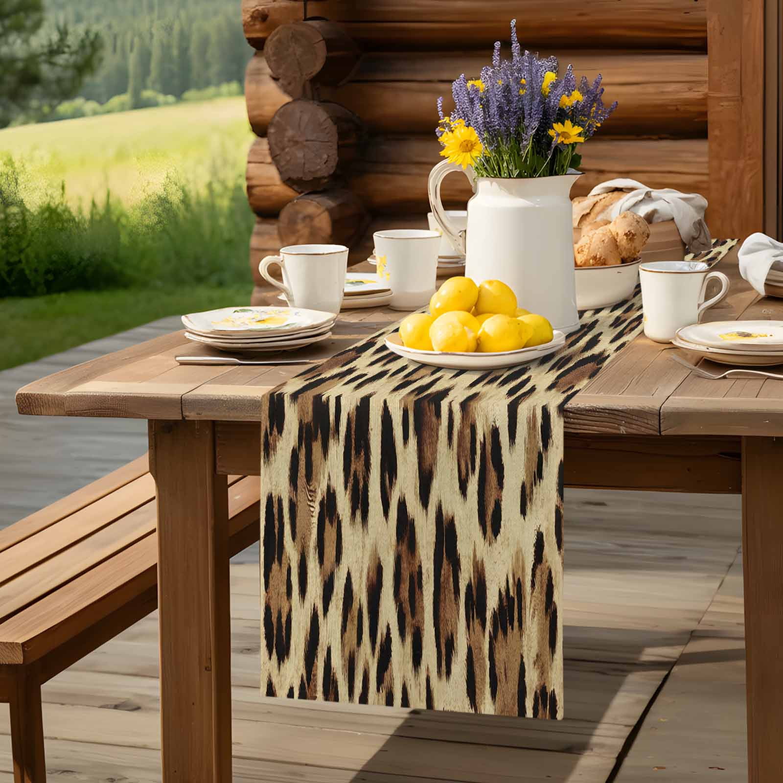 Abstract Leopard Print Table Runner 90 Inches Long, Brown Animal Spots Table Runners Tabletop Scarf Kitchen Dining Tables Decoration for Home Party Indoor Outdoor