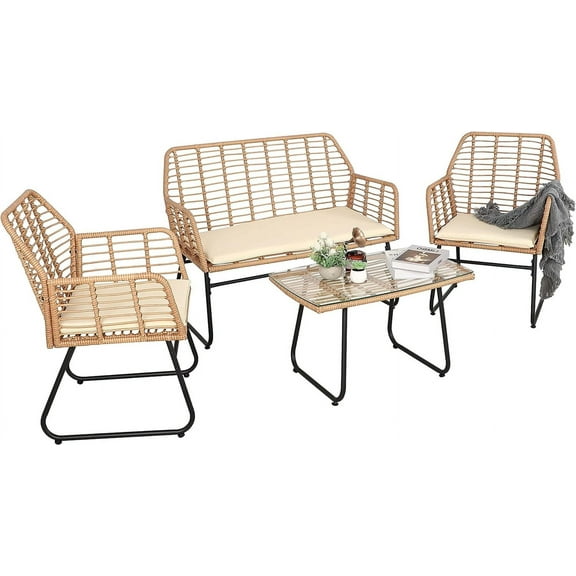 4 Piece Patio Conversation Sets,Wicker Patio Furniture Sets,Outdoor Patio Furniture,Outside Furniture,Backyard Furniture,Front Porch Furniture,Beige