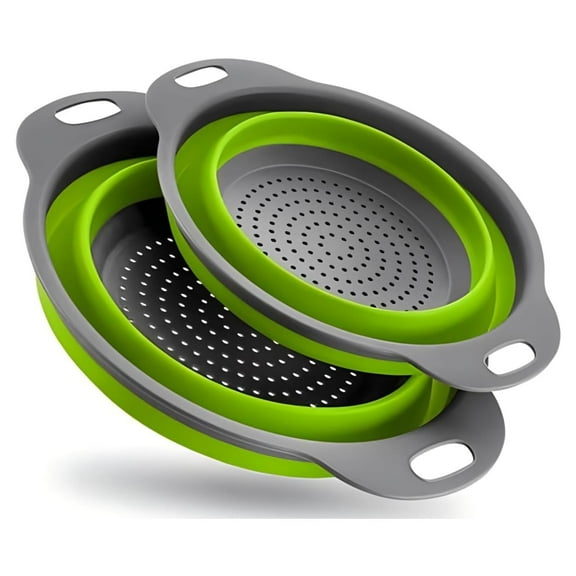 Ultimate Kitchen Strainers Set of 2 - Collapsible Silicone Colanders For Easy Storage- Use with Pasta & Veggies or as a Fruit or Berry Bowl with Strainer - Irreplaceable for Campers -Gree