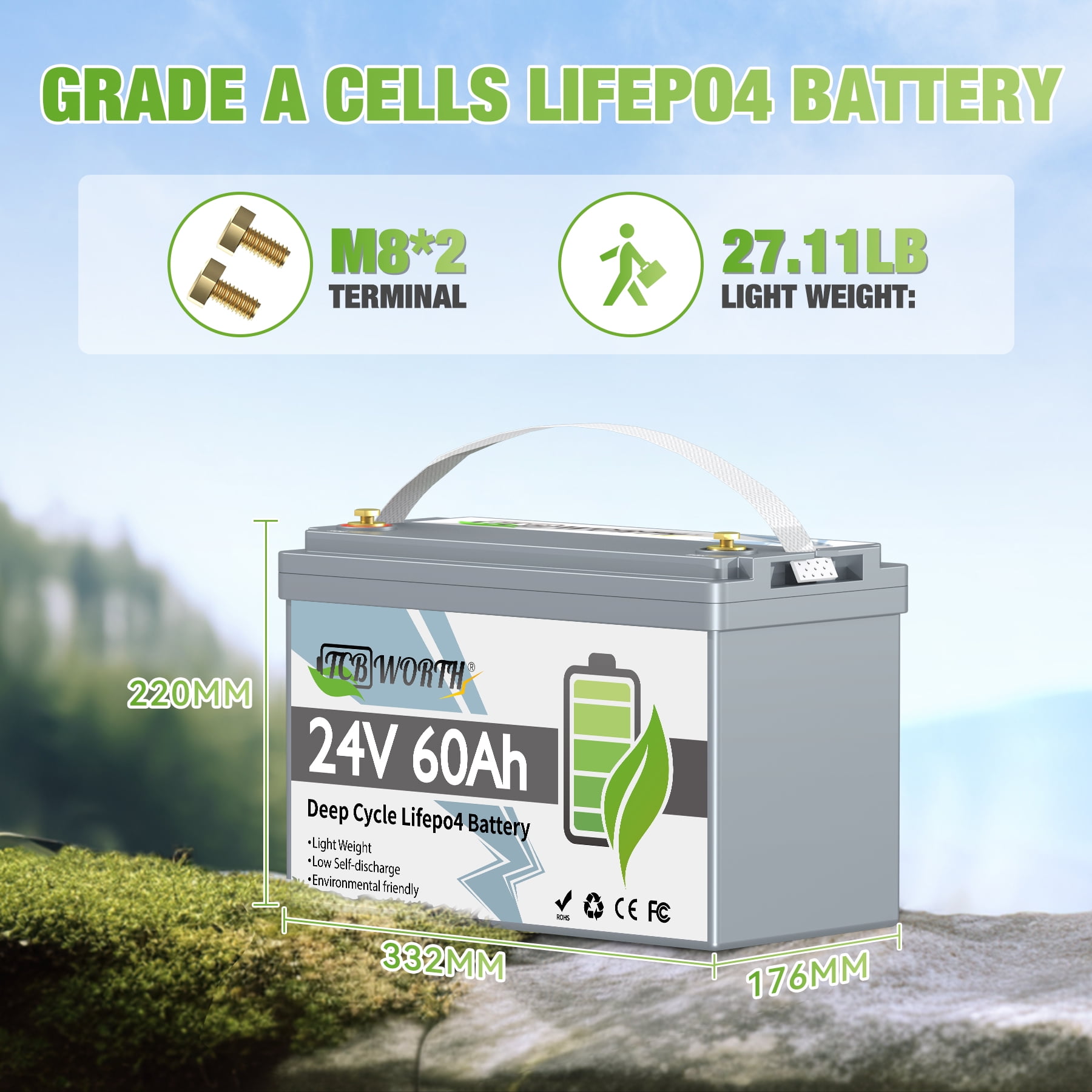 TCBWORTH 24V 60Ah LiFePO4 Deep Cycle Battery, Group 31, for RV