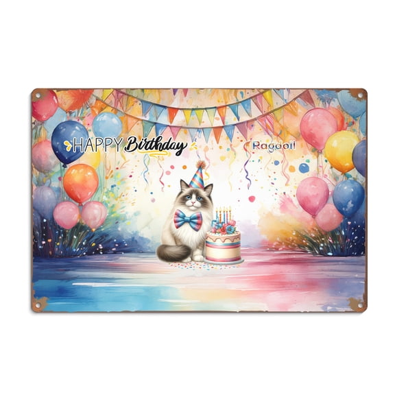 Happy Birthday to Ragdoll Kitten Party Balloons Cake Horizontal Metal Aluminum Sign Cat Lover Kitten Owner Gifts Idea Wall Art Home Decor - 00027