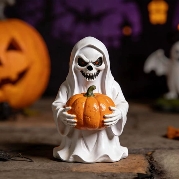 Halloween White Ghost Pumpkin Figurine Resin Garden Statue Tabletop Decor Spooky Autumn Harvest Festival Lawn Sculpture Miniature Outdoor Ornament