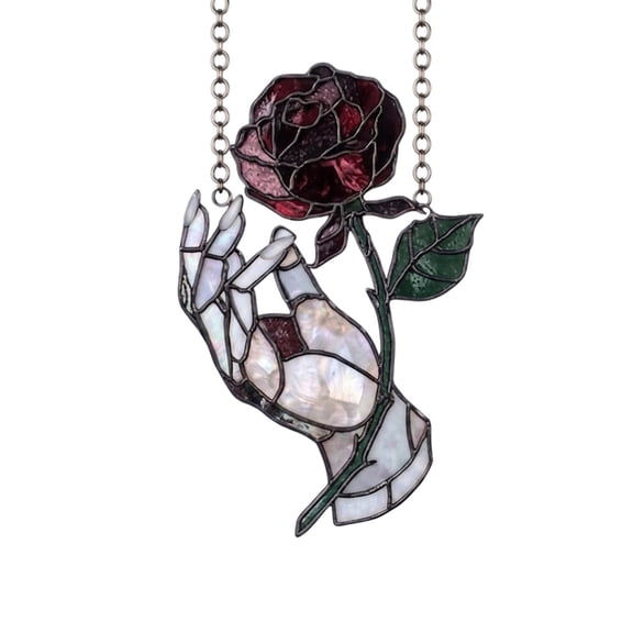 Halloween Witch Hand Rose Stained Glass Ornament, 7.87" Shatterproof Elegant Gothic Romance Acrylid Window Hanging Decoration, for Doors Garden Home Window Sun Catchers Decor