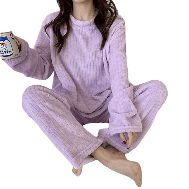 Traje cálido de rayas verticales de otoño e invierno para mujer, pijama cálido y grueso con forro polar, ropa de hogar de franela bordada