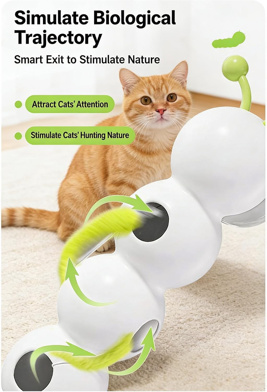 Smart Whack-A-Worm Interactive Cat Toy - Automatic Motion Sensing Caterpillar Teaser with Suction Base - USB Rechargeable Electronic Enrichment for Solo Play (Interactive Cat Toy)