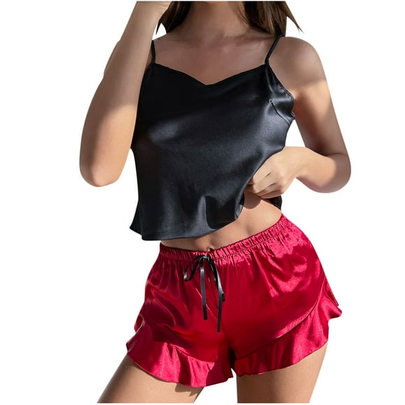 Satin Pajama Outfits for WomenV Neck Halter Top with Ruffle Shorts Two Piece Outfit Sets Homewear Sleepwear
