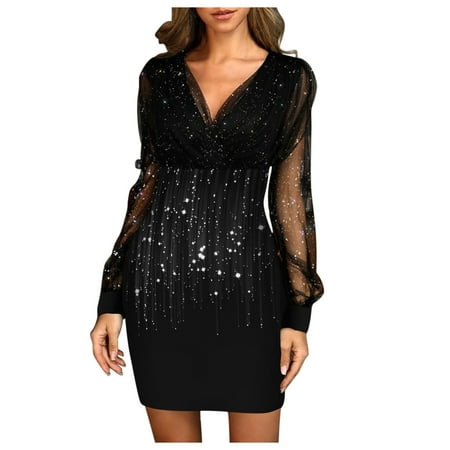 

Sexy Dresses for Women Patchwork Long Sleeve Mini Dress Floral Printed Slim V-Neck Ladies Mesh Sleeve Black XL