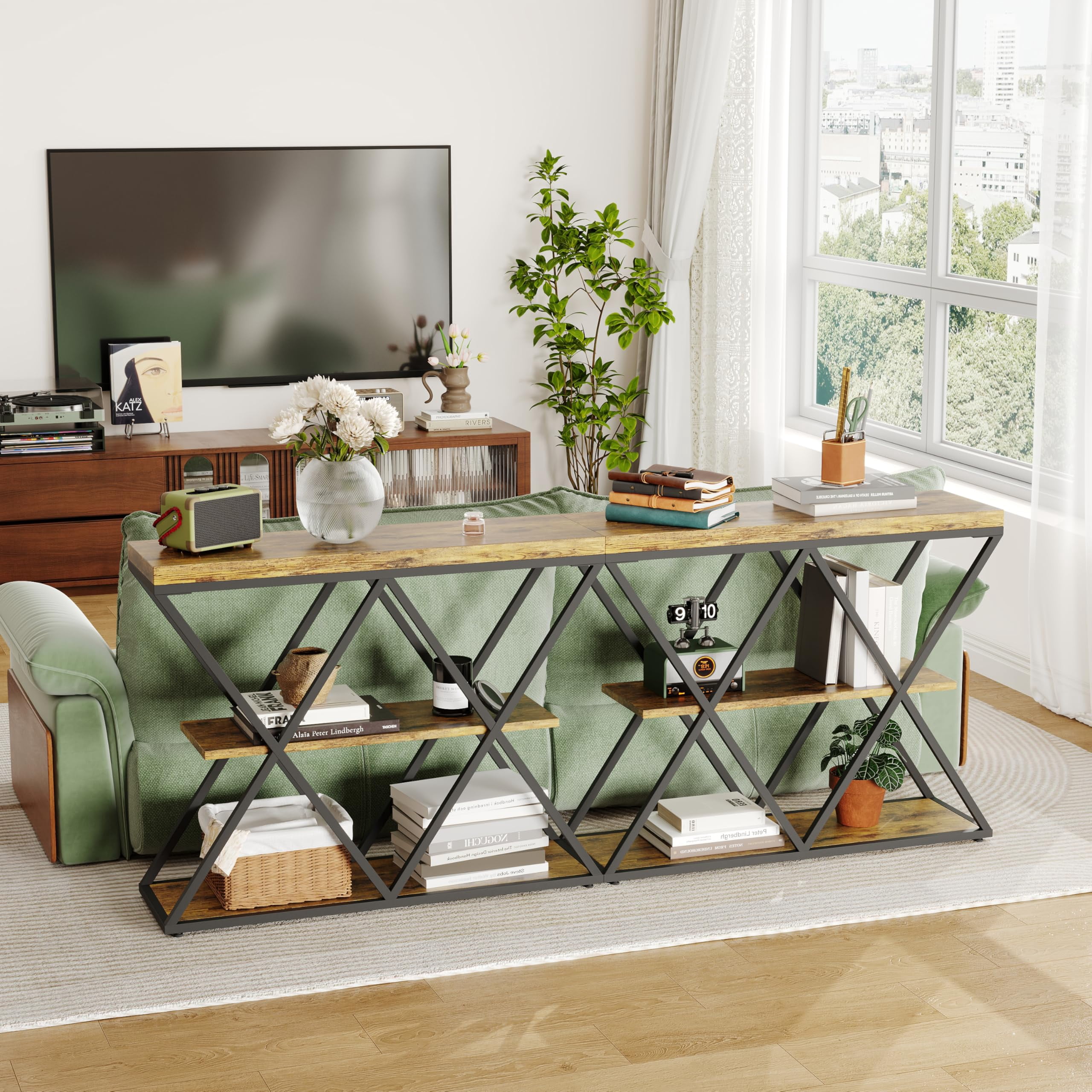 3-Tier Industrial Entryway Console Table - X-Shaped Metal Frame & Open Storage Shelves, Ideal Hallway Accent Table