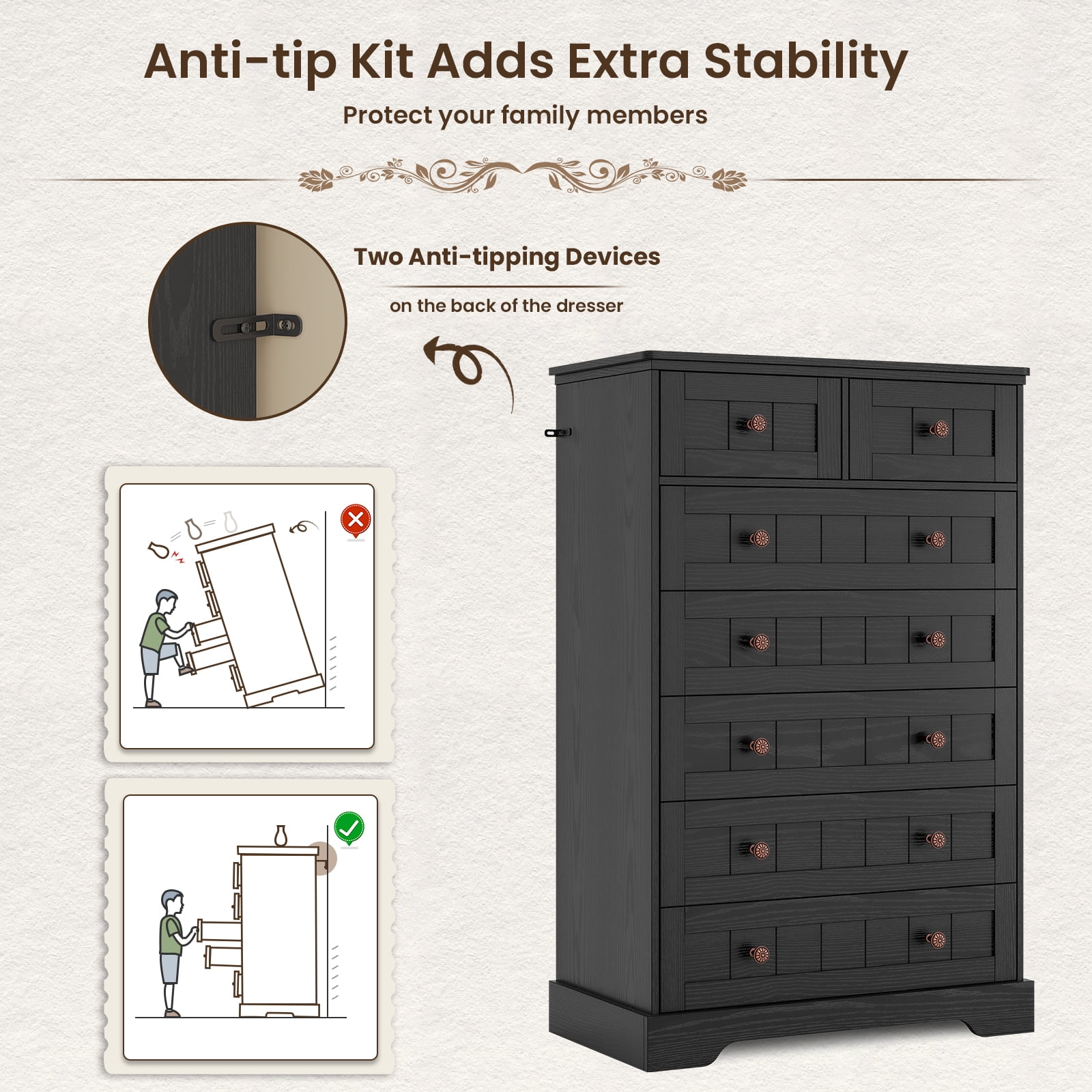 Black Dresser with 7 Drawers for Bedroom Farmhouse 51" Tall Dresser with Wide Drawers and Handles, Wood Storage Cabinet for Living Room