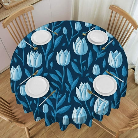 

60in Round Tablecloth Blue And White Floral Indoor Outdoor Stain and Wrinkle Resistant Polyester Table Cloth Wipe Clean Decorative Table Cover for Dining Table Buffet Party