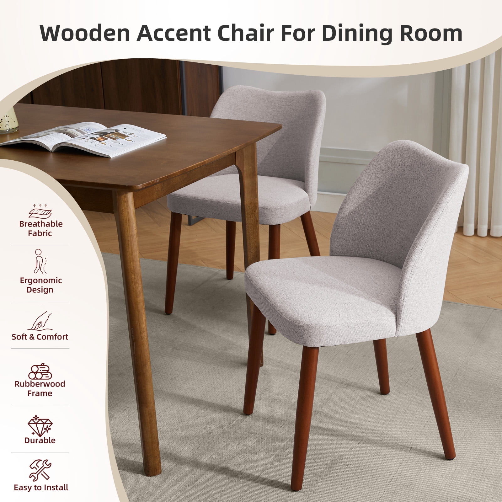 OUTGOODS Set of 2 Modern Dining Chairs, Linen Upholstered, Wood Legs