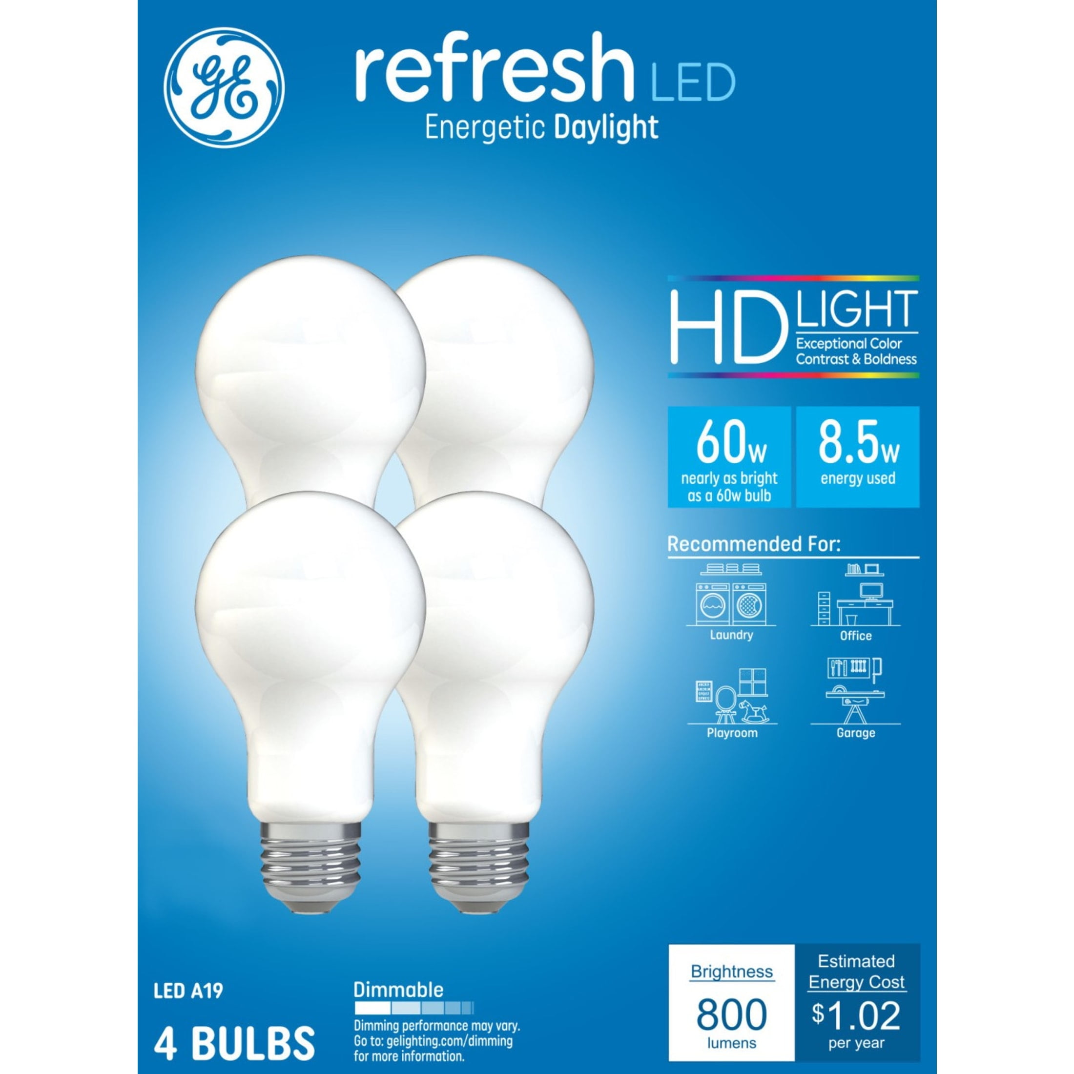 (4 pack) GE Refresh HD LED Light Bulbs, 60 Watt, Daylight, A19 Bulbs, Medium Base, Frosted Finish, 4pk